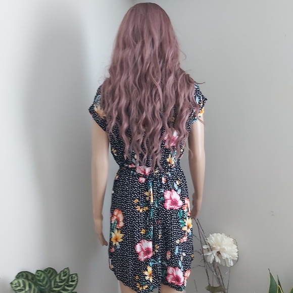 Impress! Floral summer dress 100% rayon black zipper v neck short sleeves - Picture 5 of 14